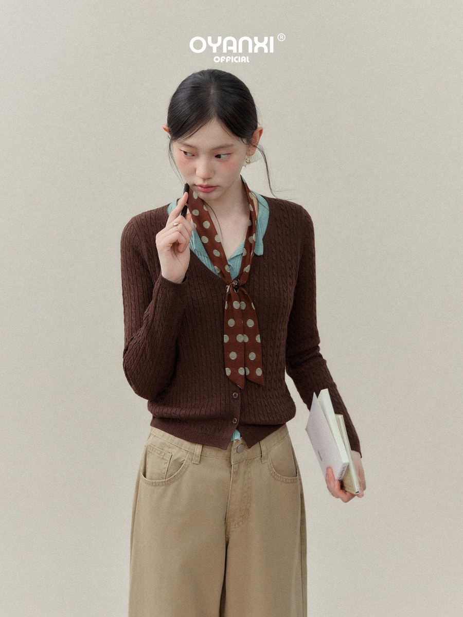 OYANXI レトロ 配色襟 フェイクレイヤード ニット
