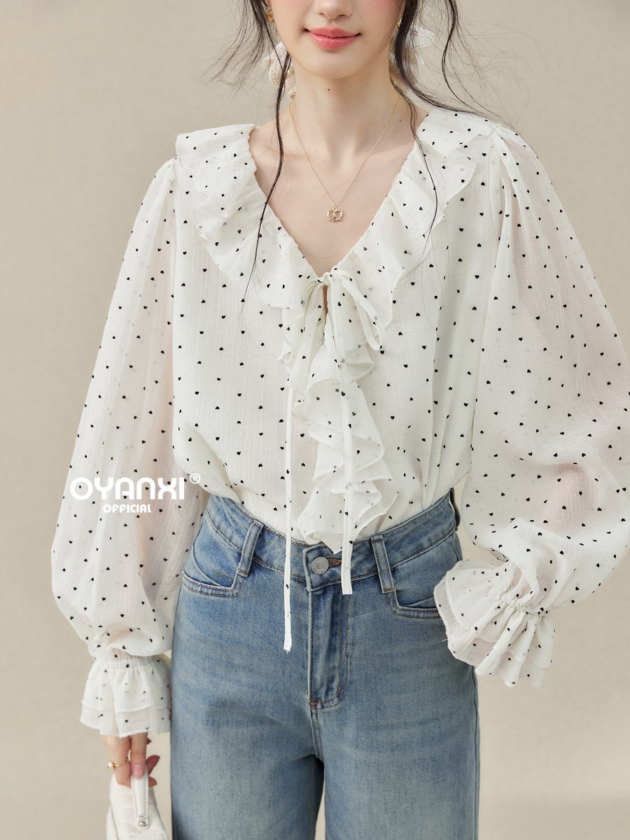OYANXI ドット柄 Vネック フリルシャツ