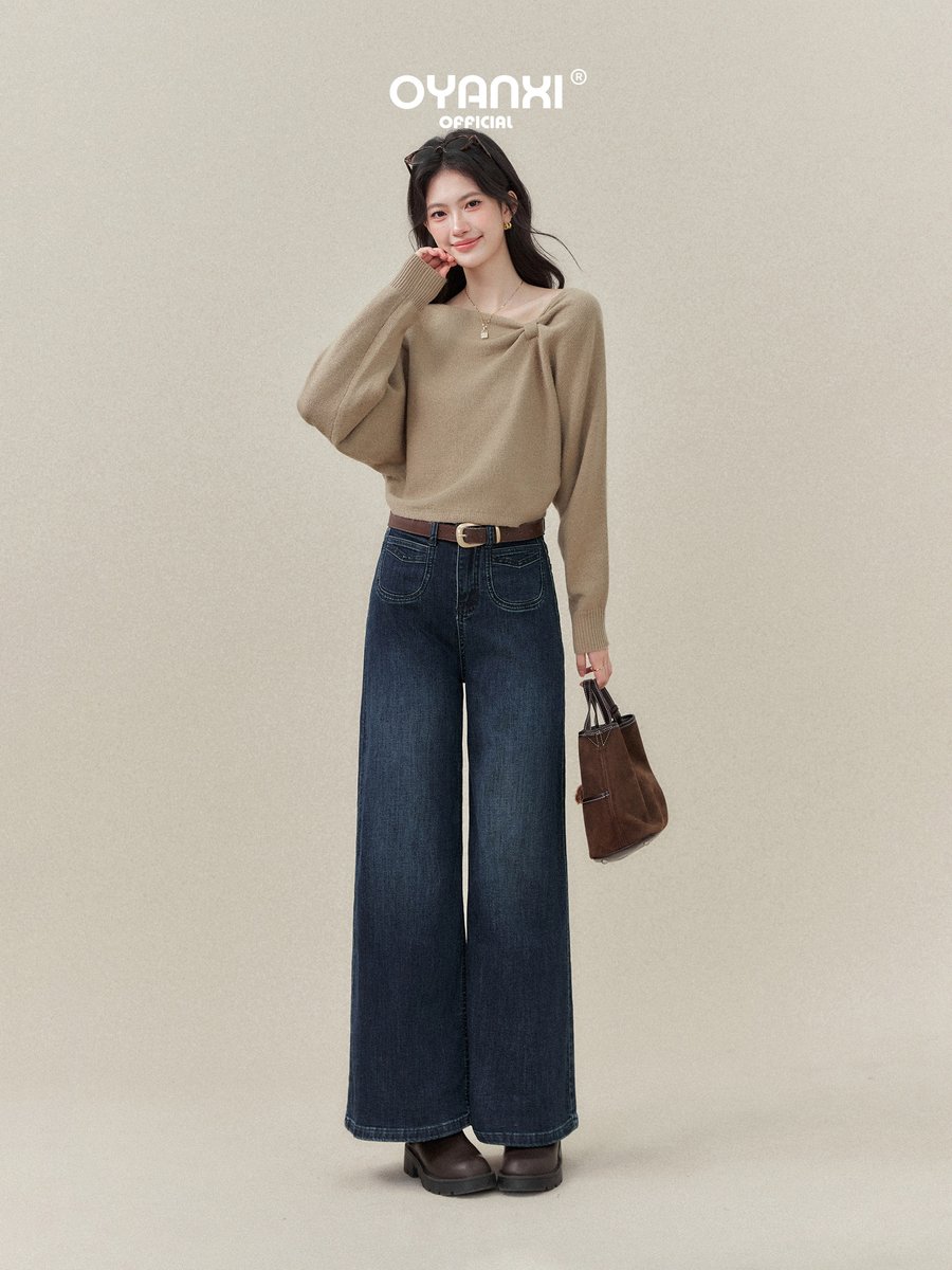 OYANXI ウォッシュド ハイウエスト ワイドデニムパンツ