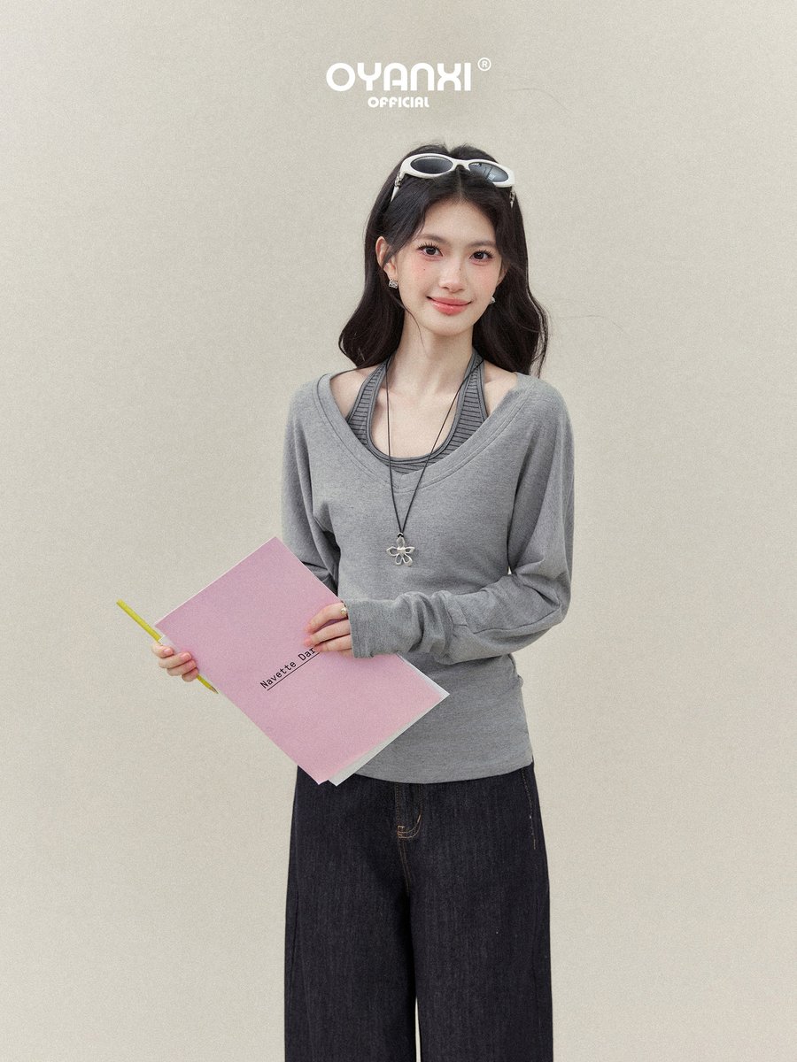OYANXI ボーダー ホルターベスト＆深Vネック 長袖Tシャツ セット