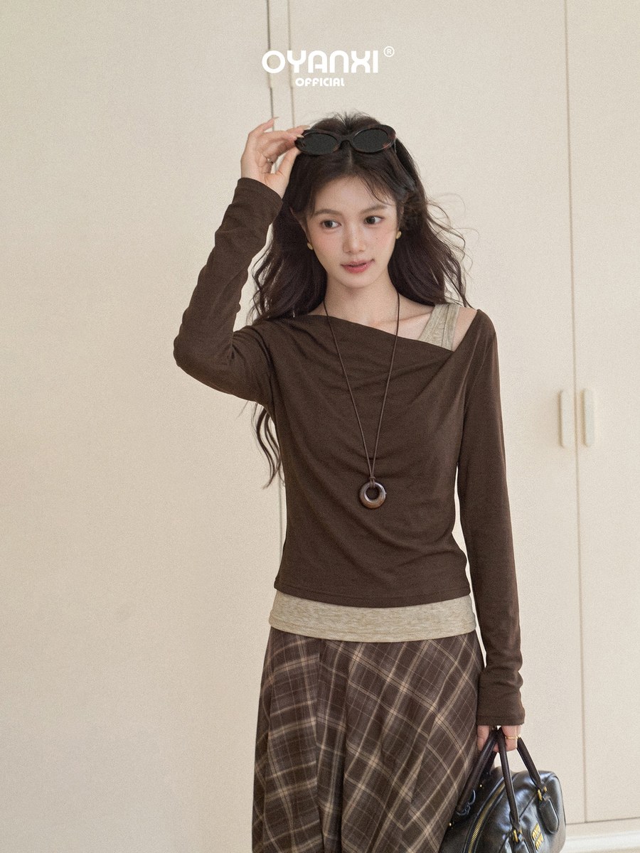 OYANXI フェイクレイヤード アシンメトリーショルダー 長袖Tシャツ