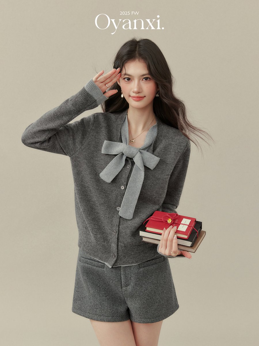 OYANXI フェイクレイヤード リボンタイ ニットカーディガン