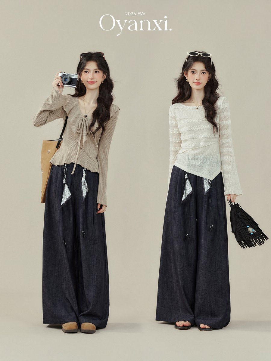 OYANXI ハイウエスト ストレート ワイドパンツ ダークブルー