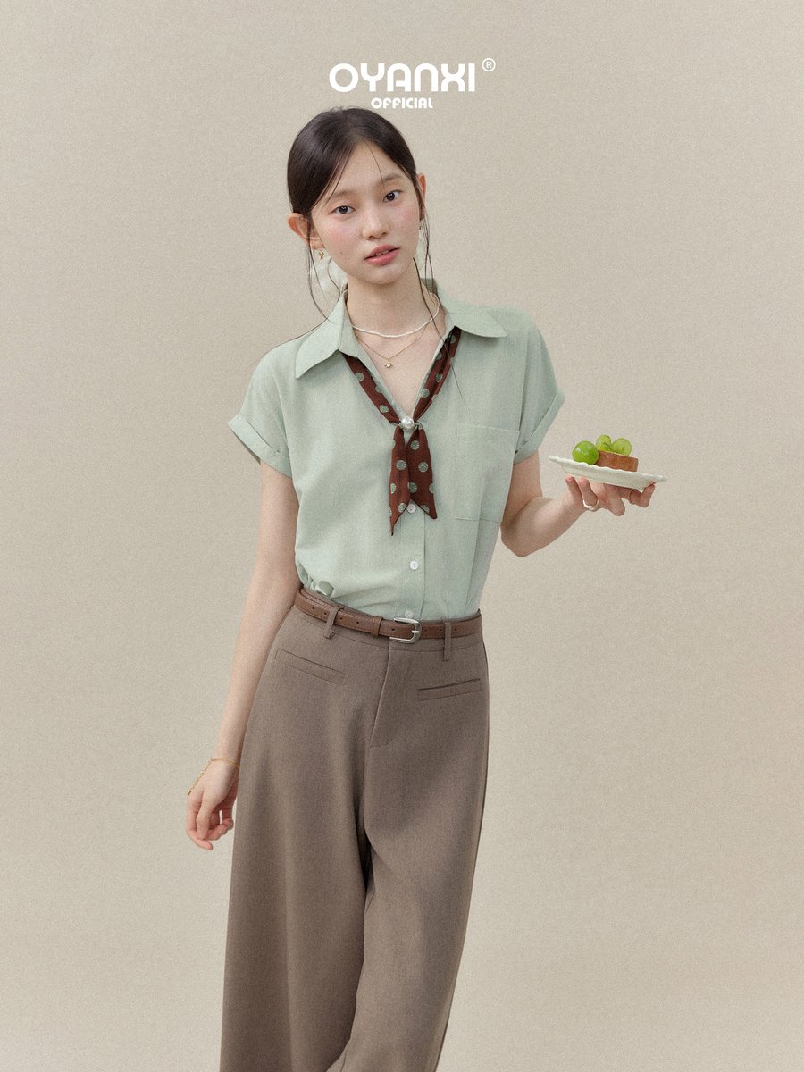 OYANXI スカーフ付き 襟付き ゆったり 半袖シャツ