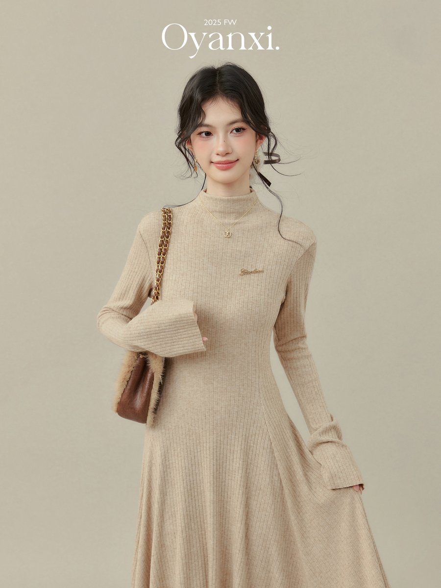 OYANXI ハーフネック ウエストシェイプ ロングニットワンピース