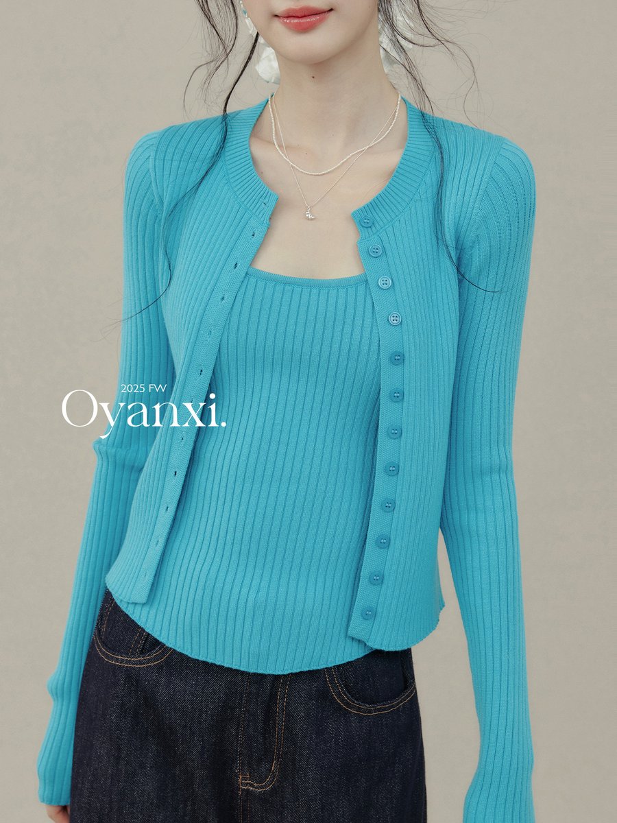 OYANXI ピーコックブルー ニットキャミ＆カーディガン セット