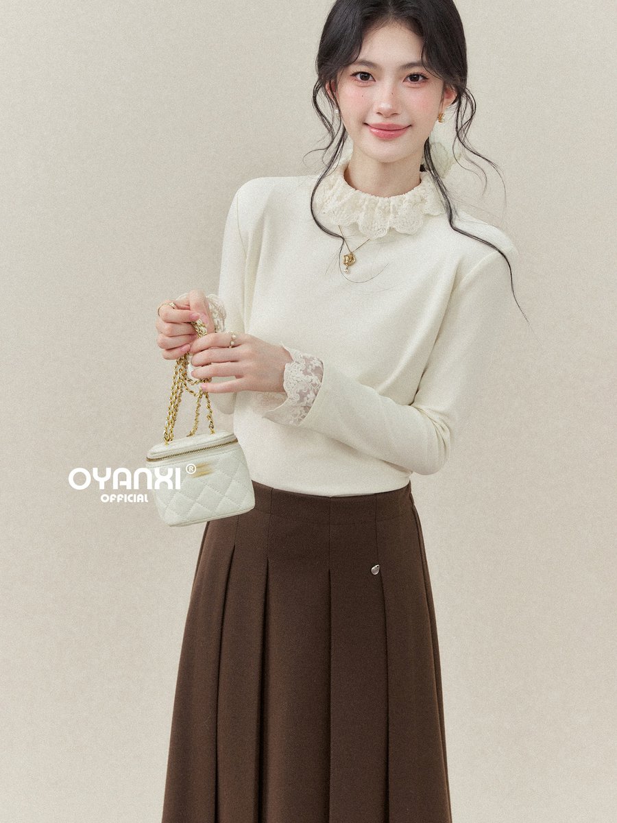 OYANXI レーストリムネック スリム 長袖Tシャツ
