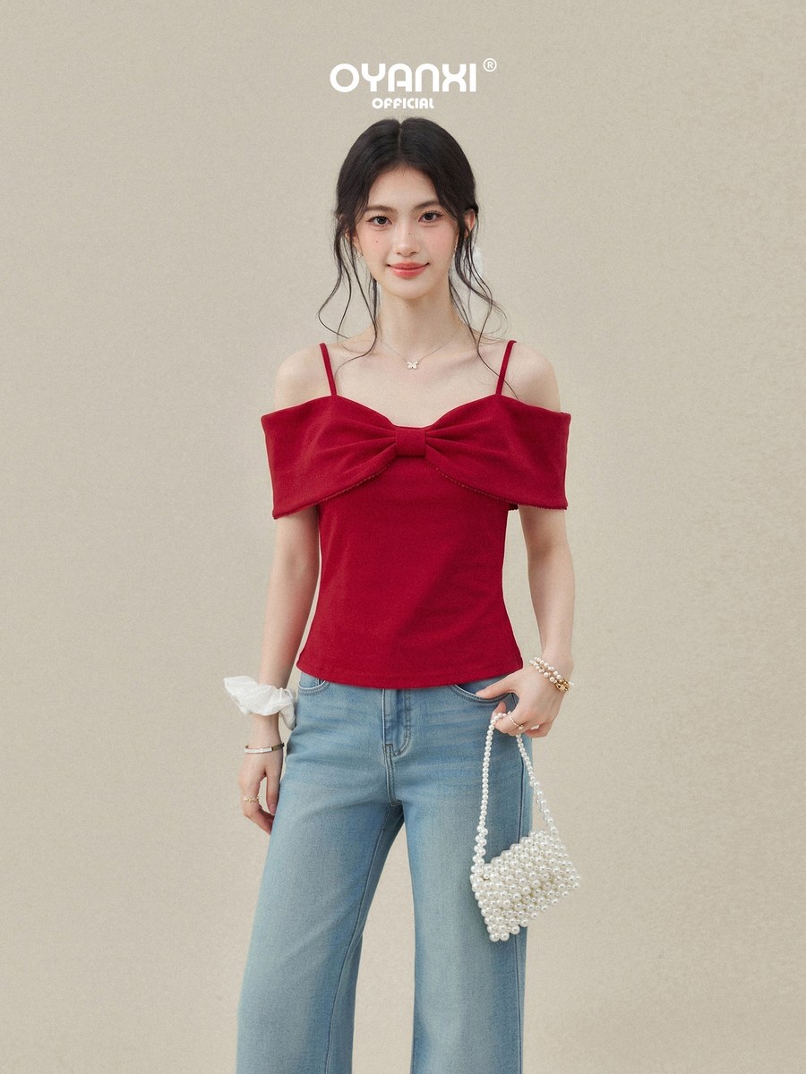 OYANXI リボン オフショルダー スリム 半袖Tシャツ