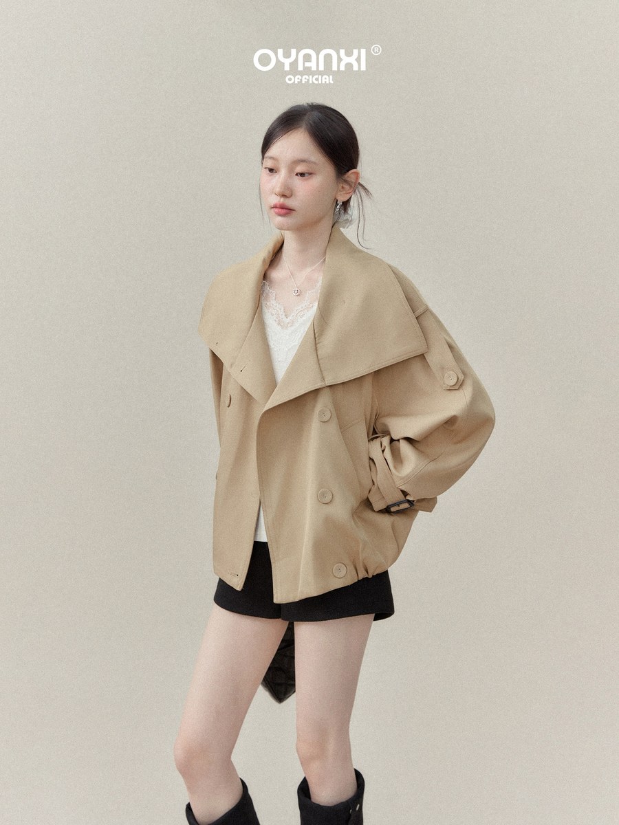OYANXI ダブルボタン 襟付き ショートトレンチジャケット