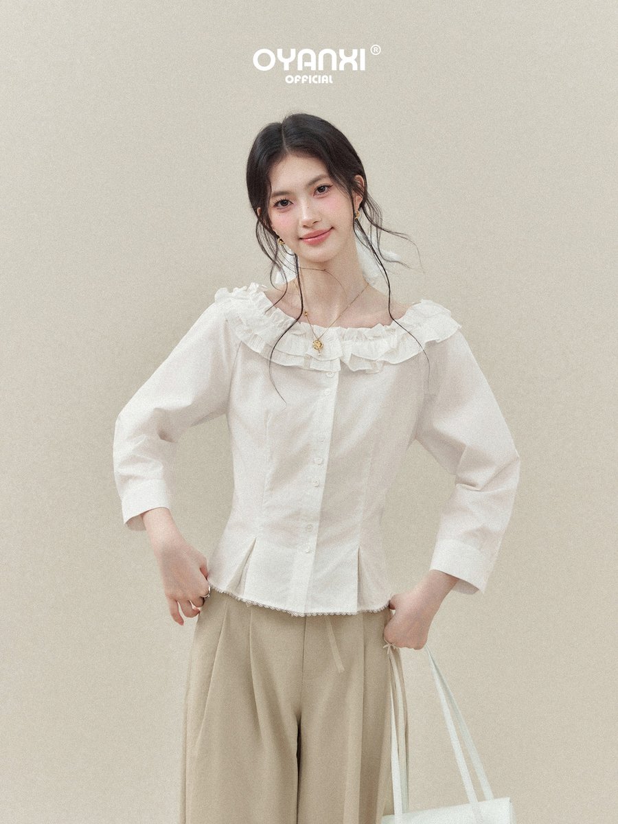 OYANXI ダブルフリル オフショルダー レーストリム ブラウス