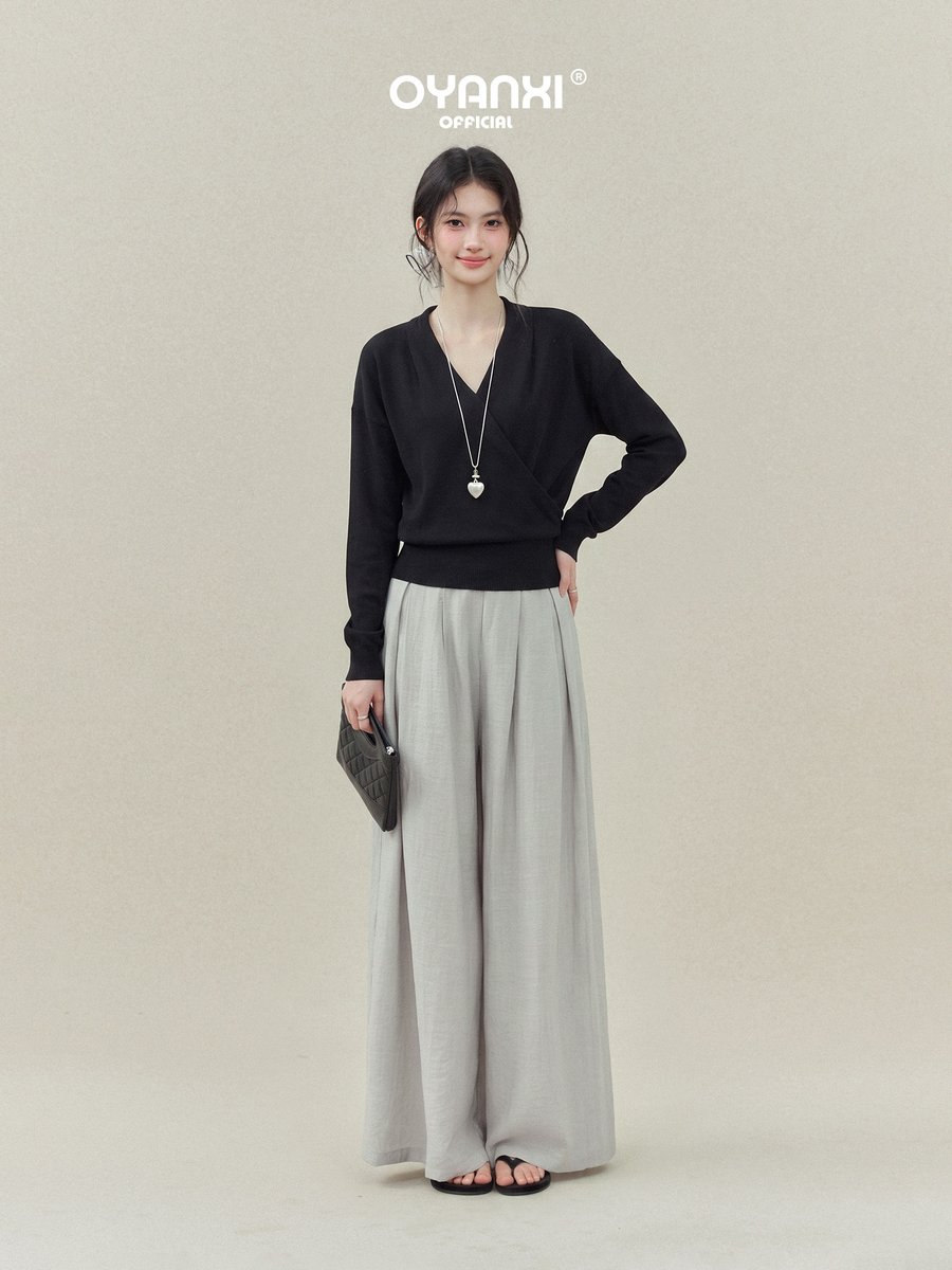 OYANXI シンプル Vネック 長袖Tシャツ