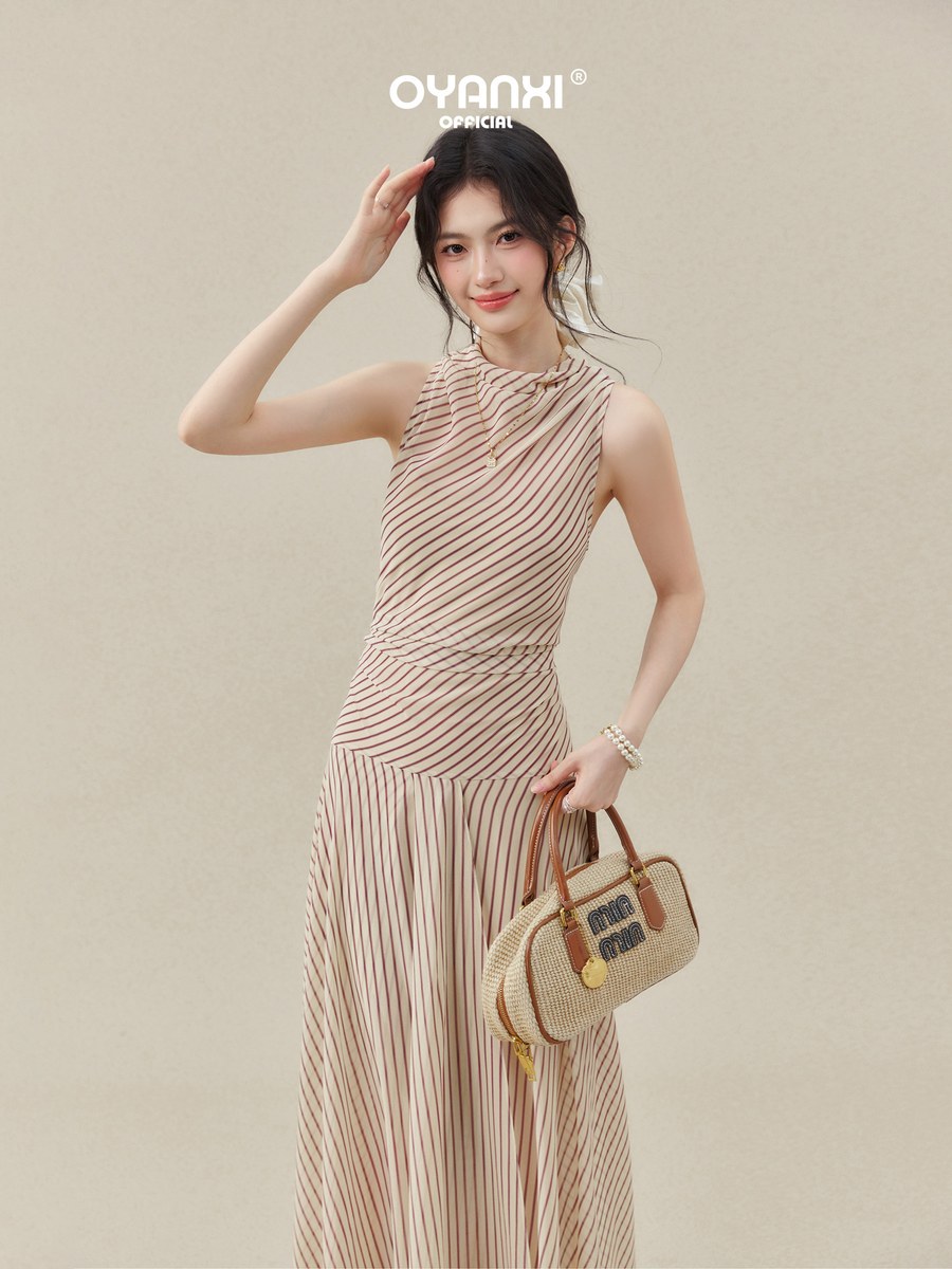 OYANXI ストライプ スタンドカラー ホルターネック ロングワンピース