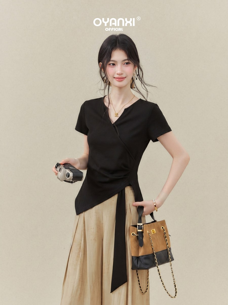 OYANXI アシンメトリーヘム Vネック 半袖Tシャツ