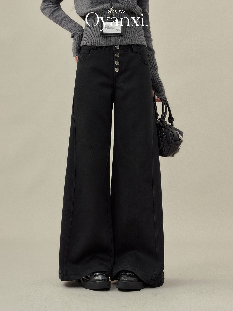 OYANXI ボタンデザイン 切り替え ワイドデニムパンツ