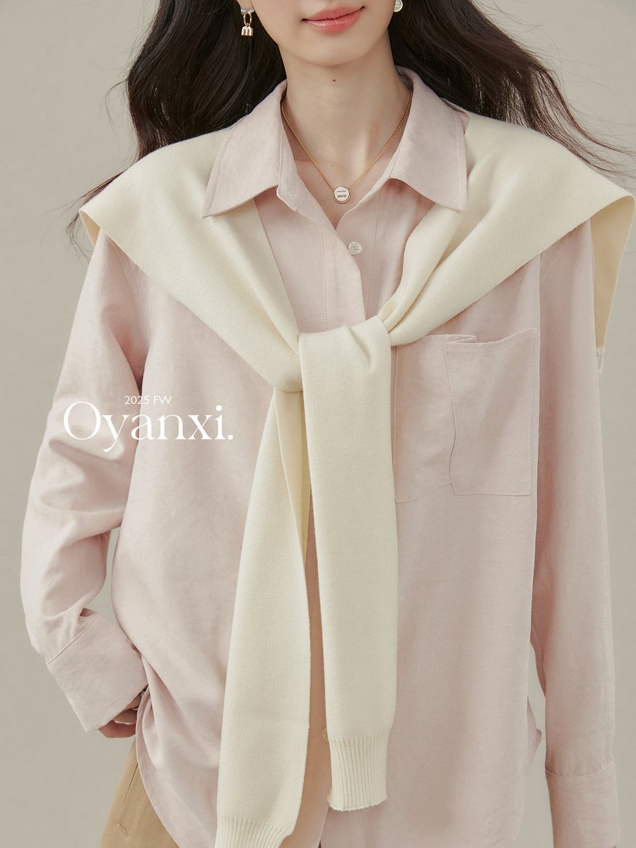 OYANXI ショール付き ポロカラー 長袖シャツ ピンク
