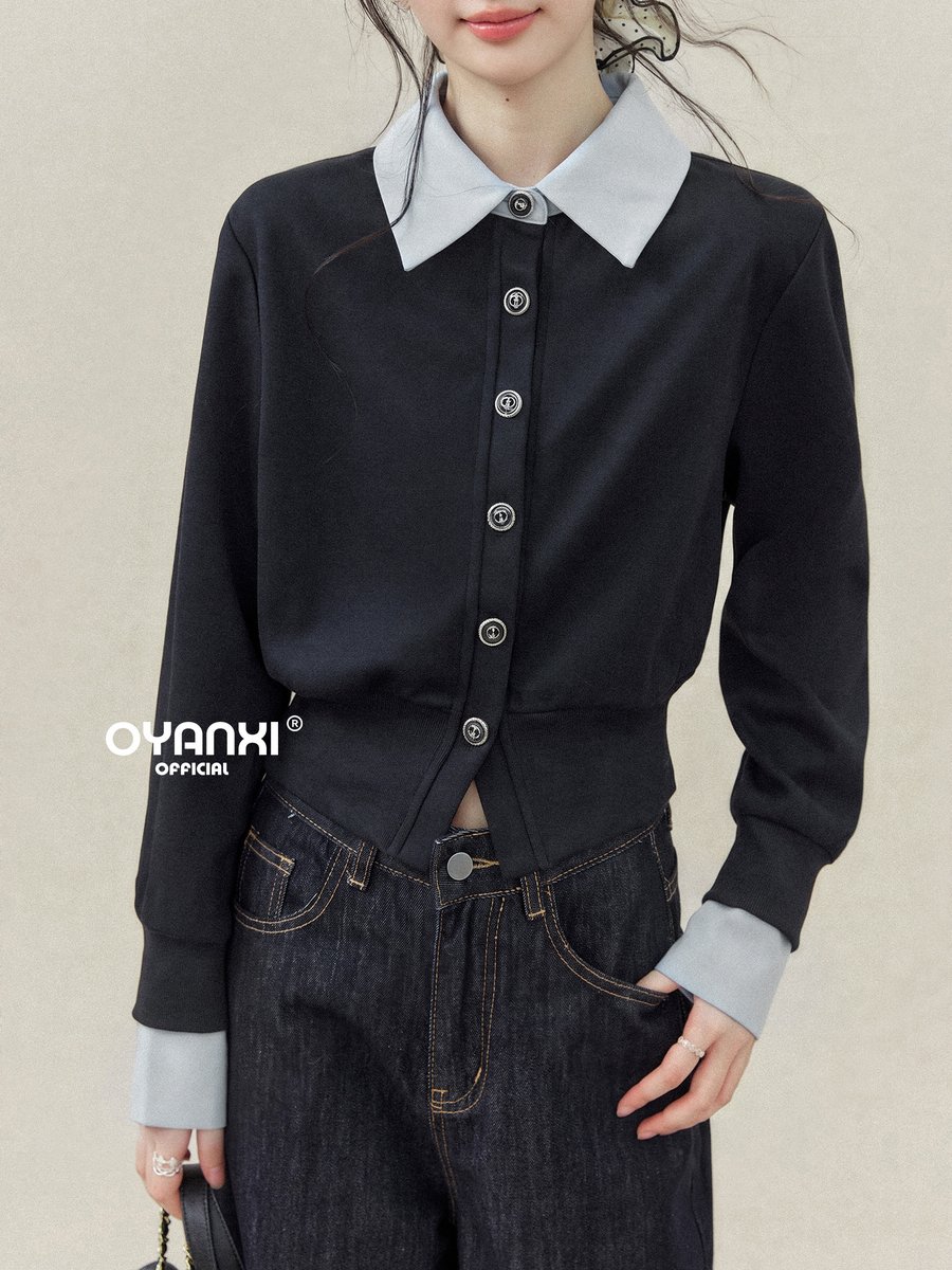 OYANXI 配色襟 フェイクレイヤード ボタン スウェット