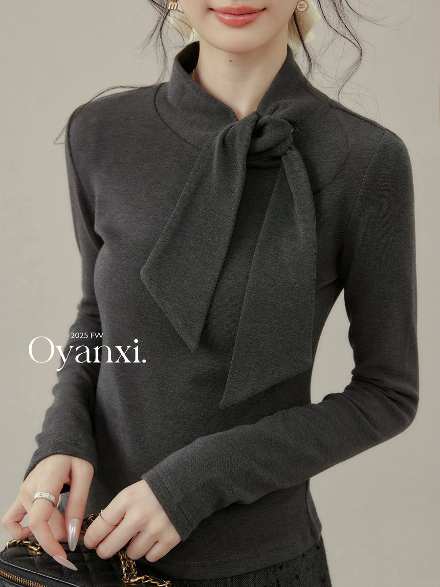 OYANXI リボンタイ ハイネック 長袖カットソー