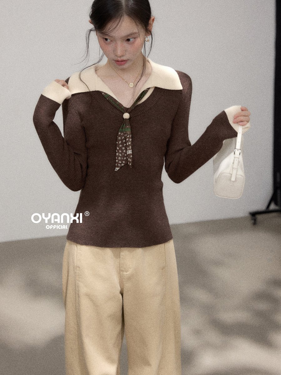 OYANXI バイカラー 襟付き Vネック スカーフ付き ニット