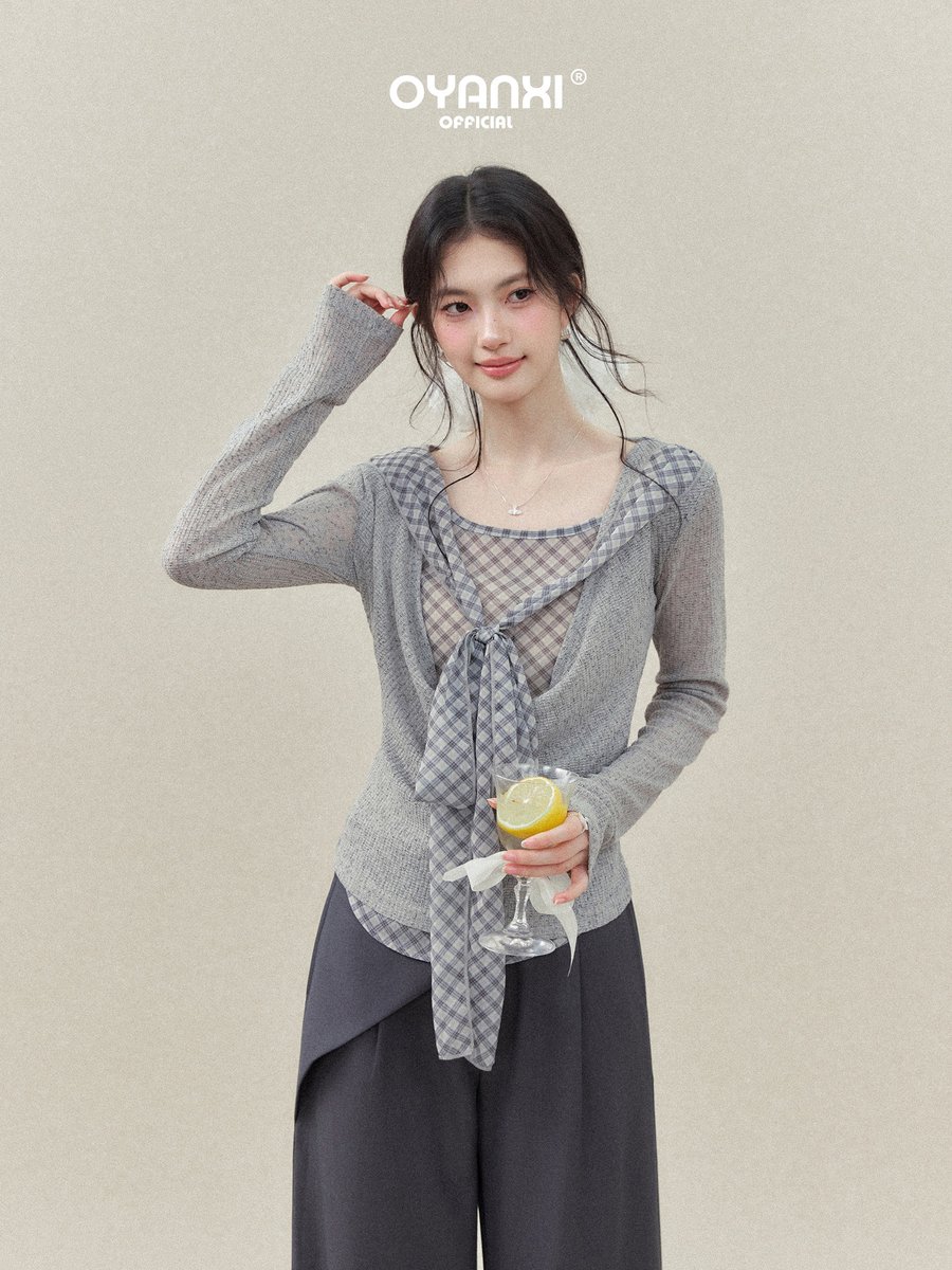 OYANXI ドレープネック チェック切り替え フェイクレイヤードTシャツ