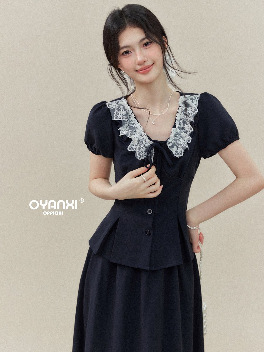OYANXI レーストリム 半袖シャツ＆ウエストゴムスカート セットアップ