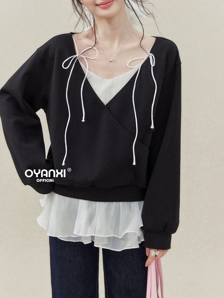 OYANXI レース切り替え Vネック フェイクレイヤード スウェット