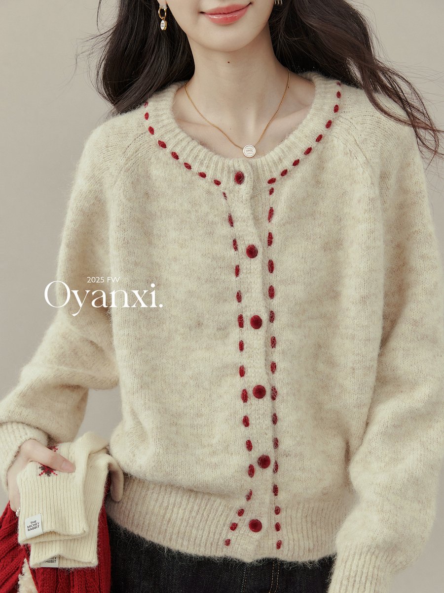 OYANXI レトロ 配色 クルーネック ニットカーディガン
