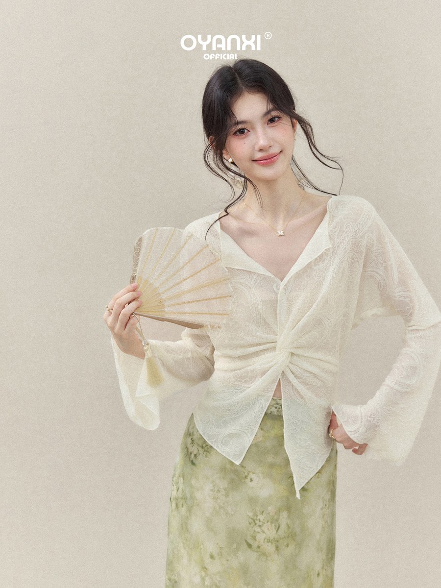 OYANXI レース Vネック フレアスリーブ 長袖Tシャツ