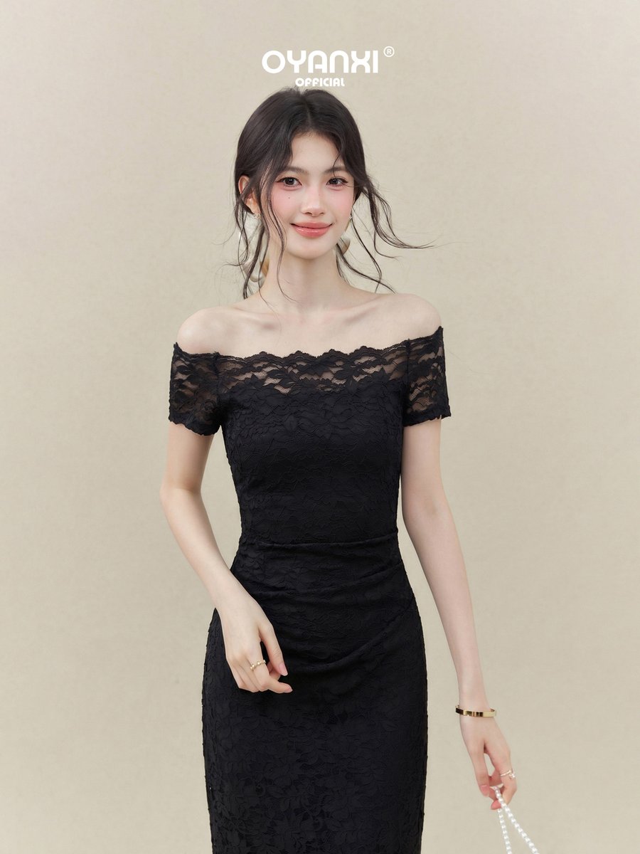 OYANXI レース オフショルダー ウエストシェイプ 半袖ワンピース