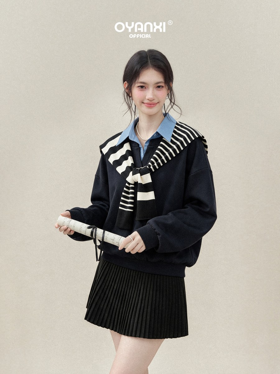 OYANXI ポロカラー ボーダーケープ付き スウェット