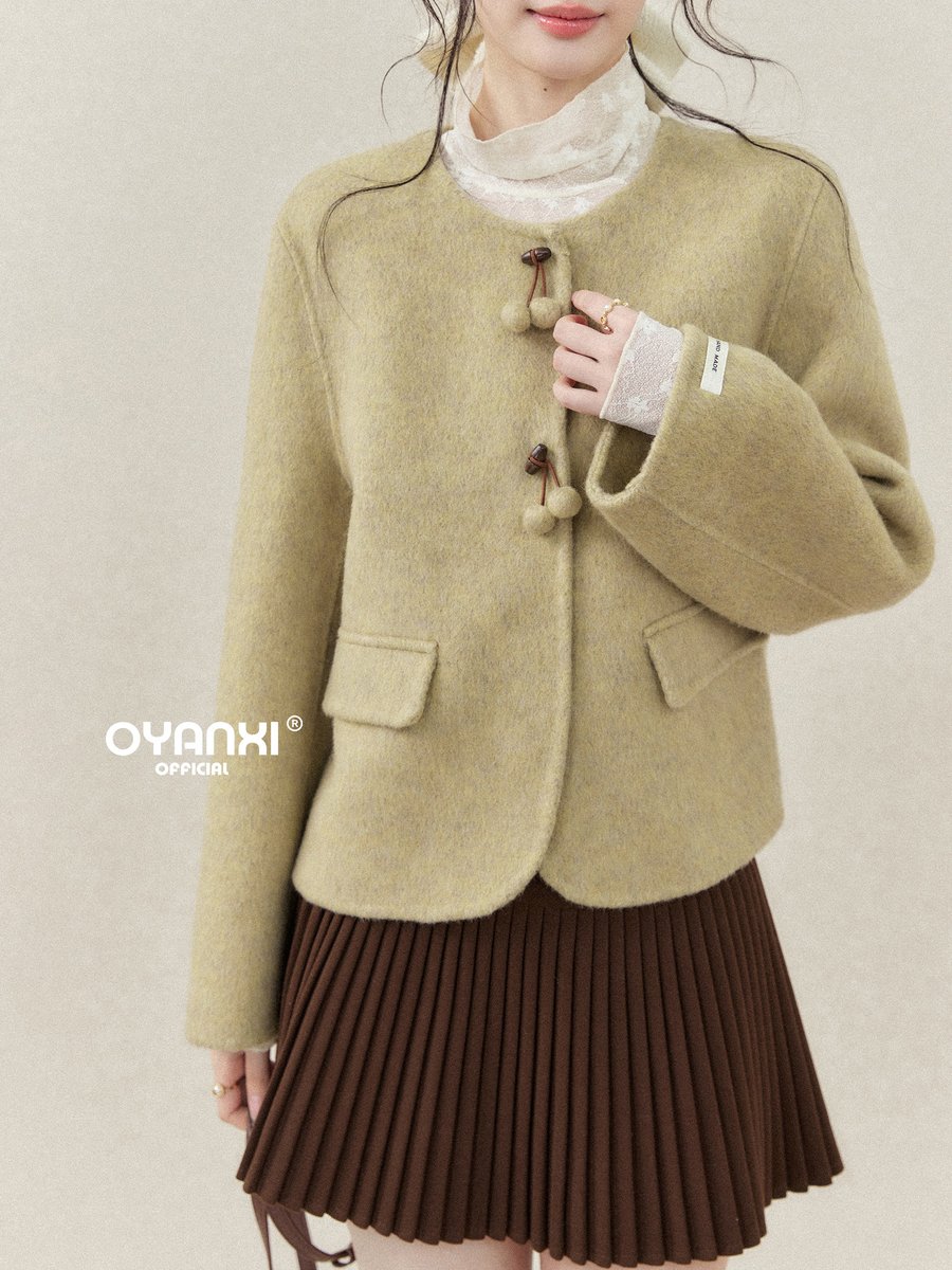 OYANXI クルーネック ポンポンボタン フラップポケット コート