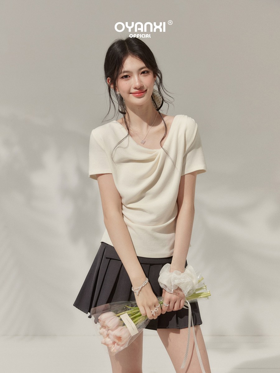 OYANXI ドレープネック アシンメトリー フィットTシャツ