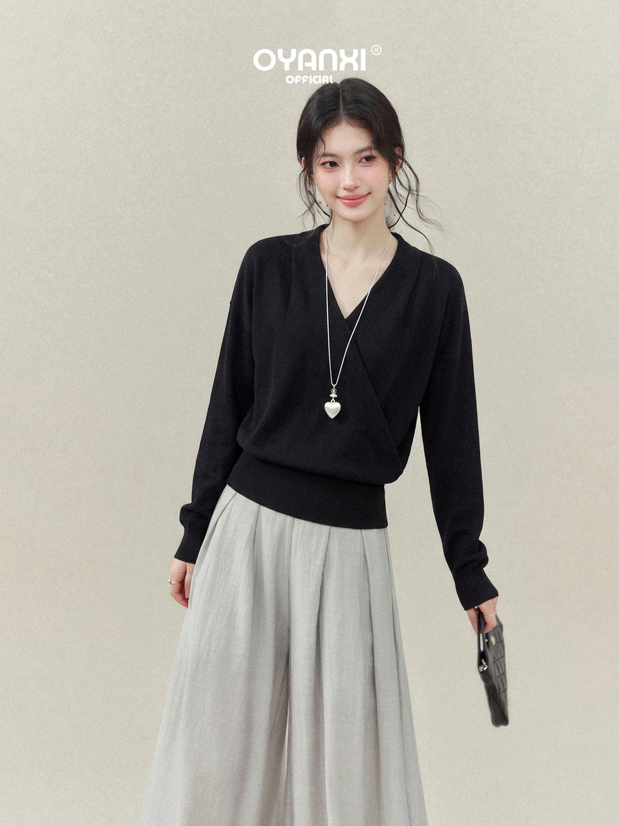 OYANXI シンプル Vネック 長袖Tシャツ