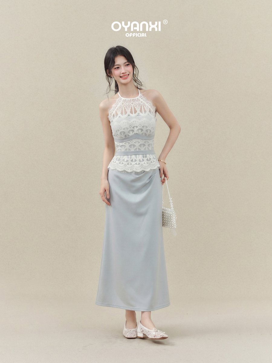 OYANXI ホルターネック レース切り替え タイトロングワンピース
