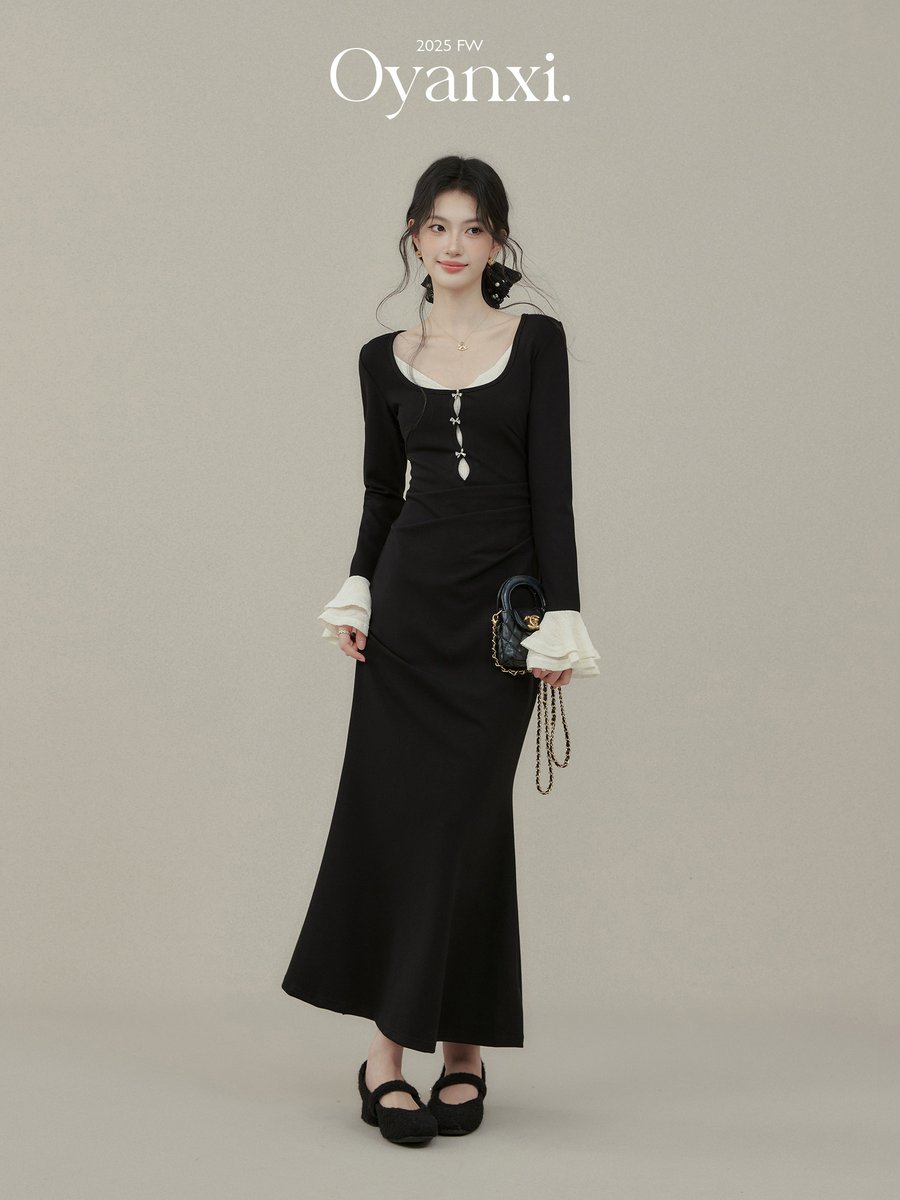 OYANXI フェイクレイヤード 切り替え タイトロングワンピース