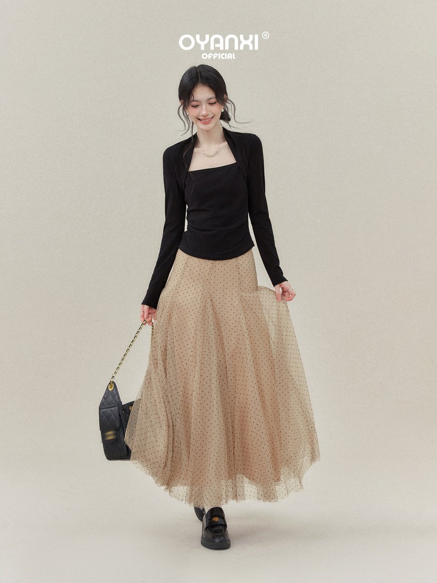 OYANXI フェイクレイヤード スクエアネック 長袖Tシャツ