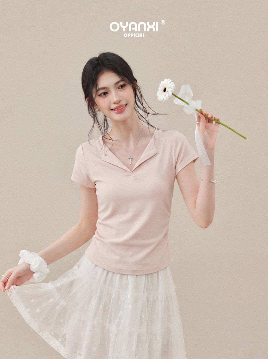 OYANXI ヘンリーネック スリム ショート丈 半袖Tシャツ
