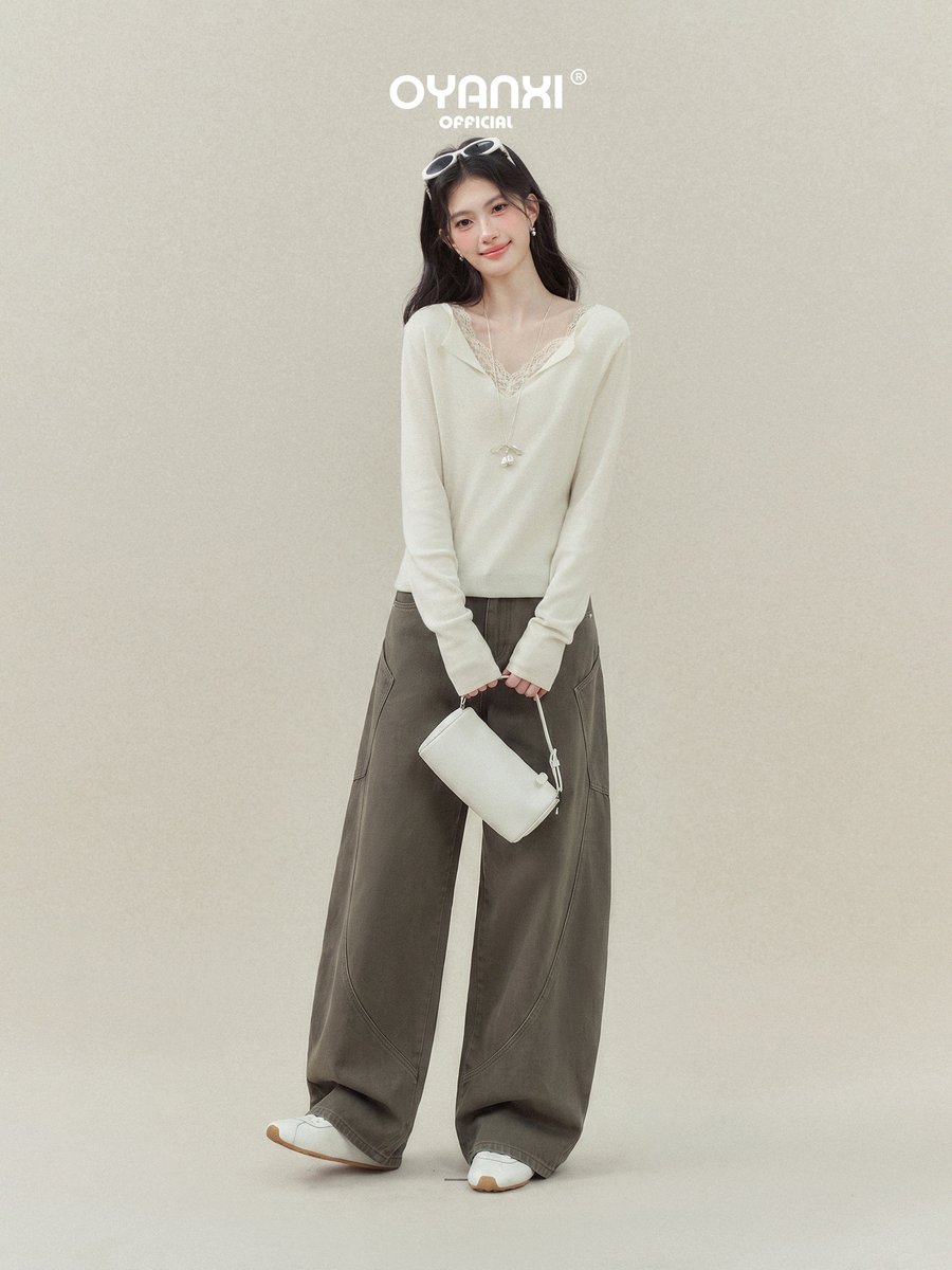 OYANXI ハイウエスト バレルレッグ デニムパンツ