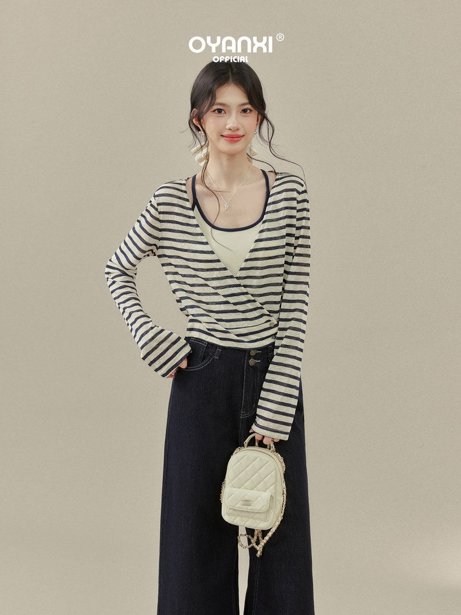 OYANXI ストライプ Vネック 長袖Tシャツ＆キャミソール 2点セット