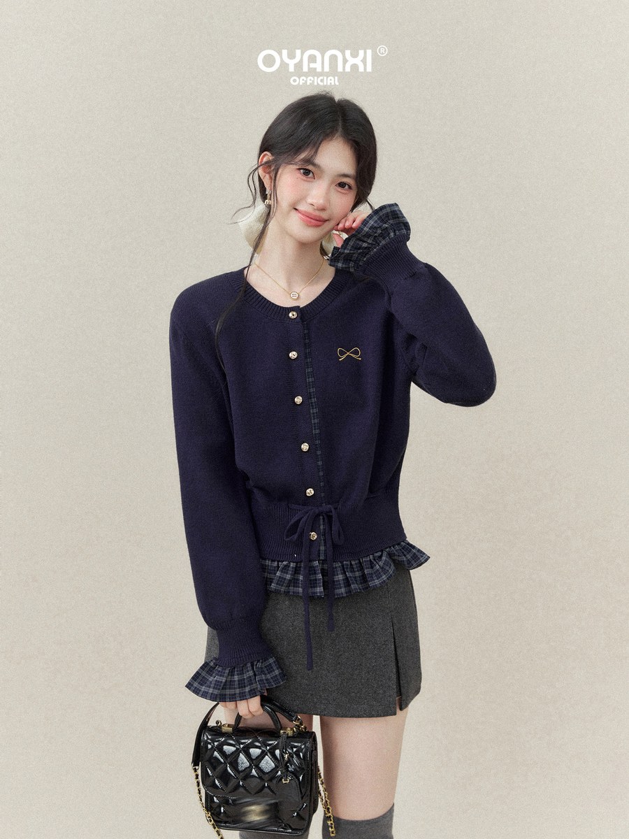 OYANXI フェイクレイヤード パールボタン ニットカーディガン