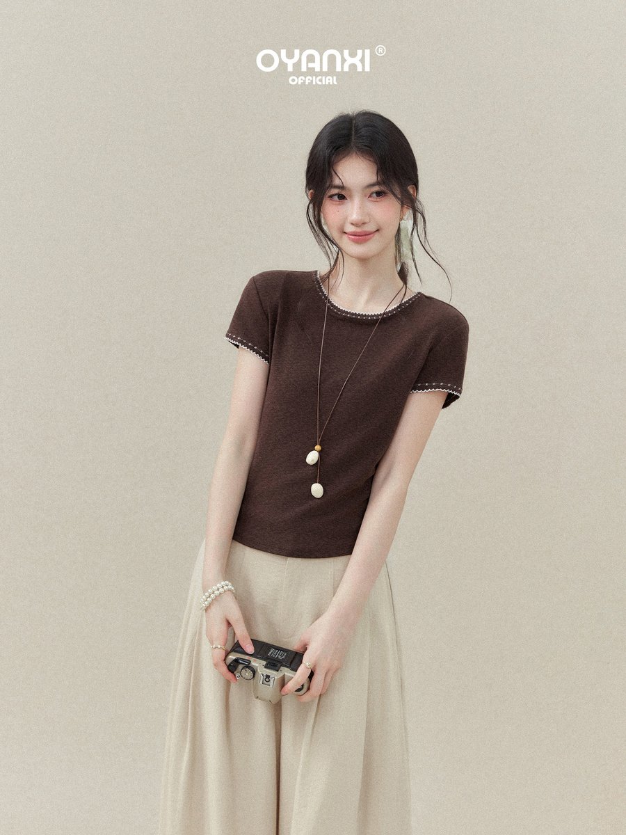 OYANXI 刺繍レーストリム クルーネック 半袖Tシャツ