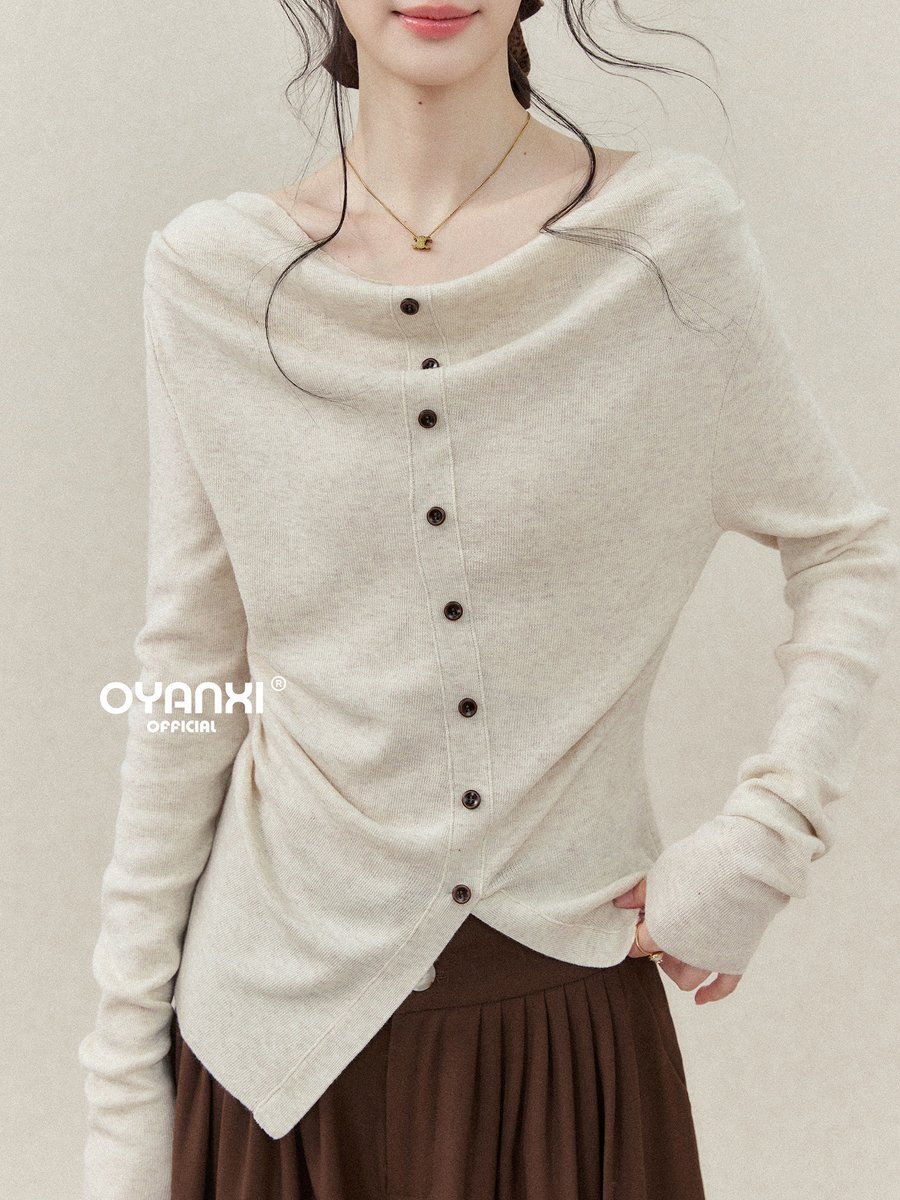 OYANXI ドレープネック アシンメトリーヘム スリム 長袖ニット
