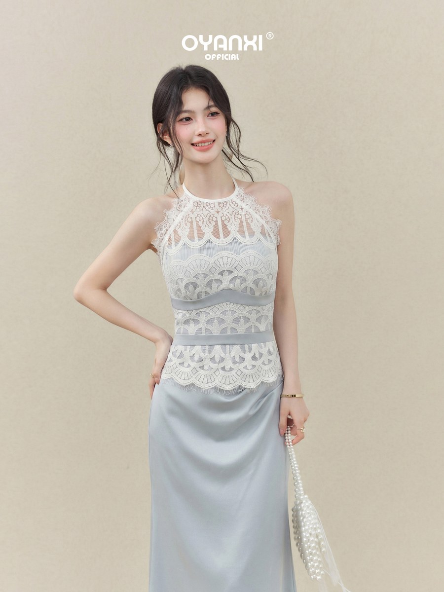 OYANXI ホルターネック レース切り替え タイトロングワンピース