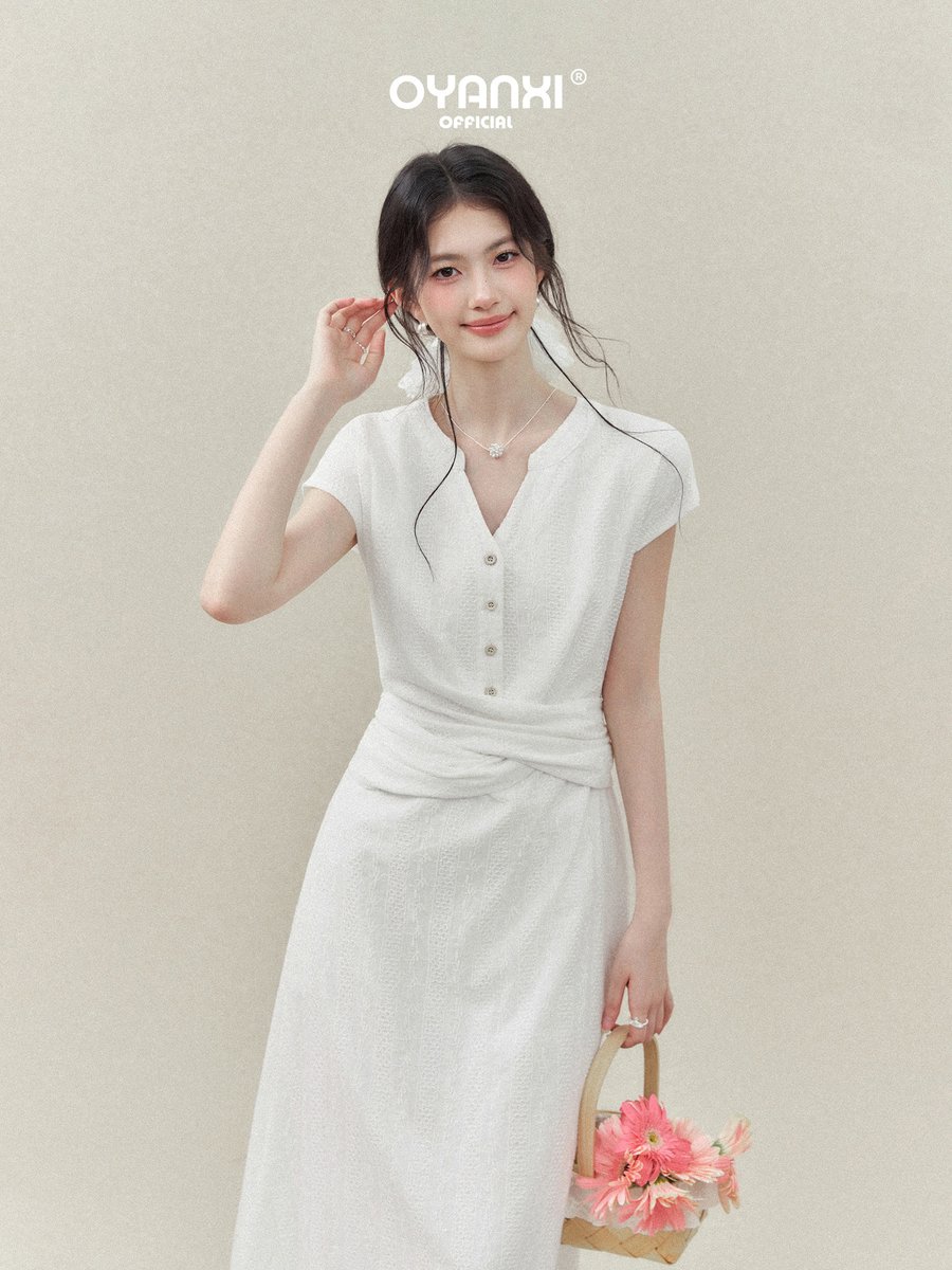 OYANXI Vネック ウエストリボン ロングワンピース