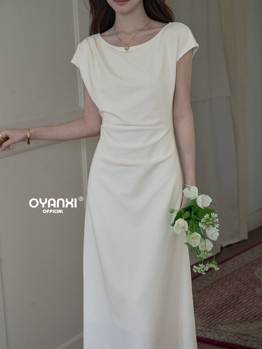 OYANXI ボートネック すっきりシルエット 半袖ロングワンピース