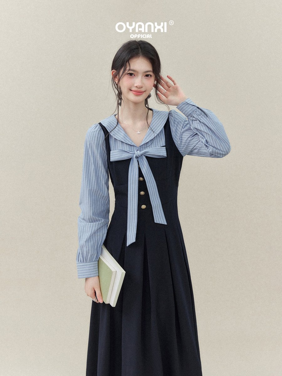 OYANXI フェイクレイヤード シャツ風 ロングワンピース