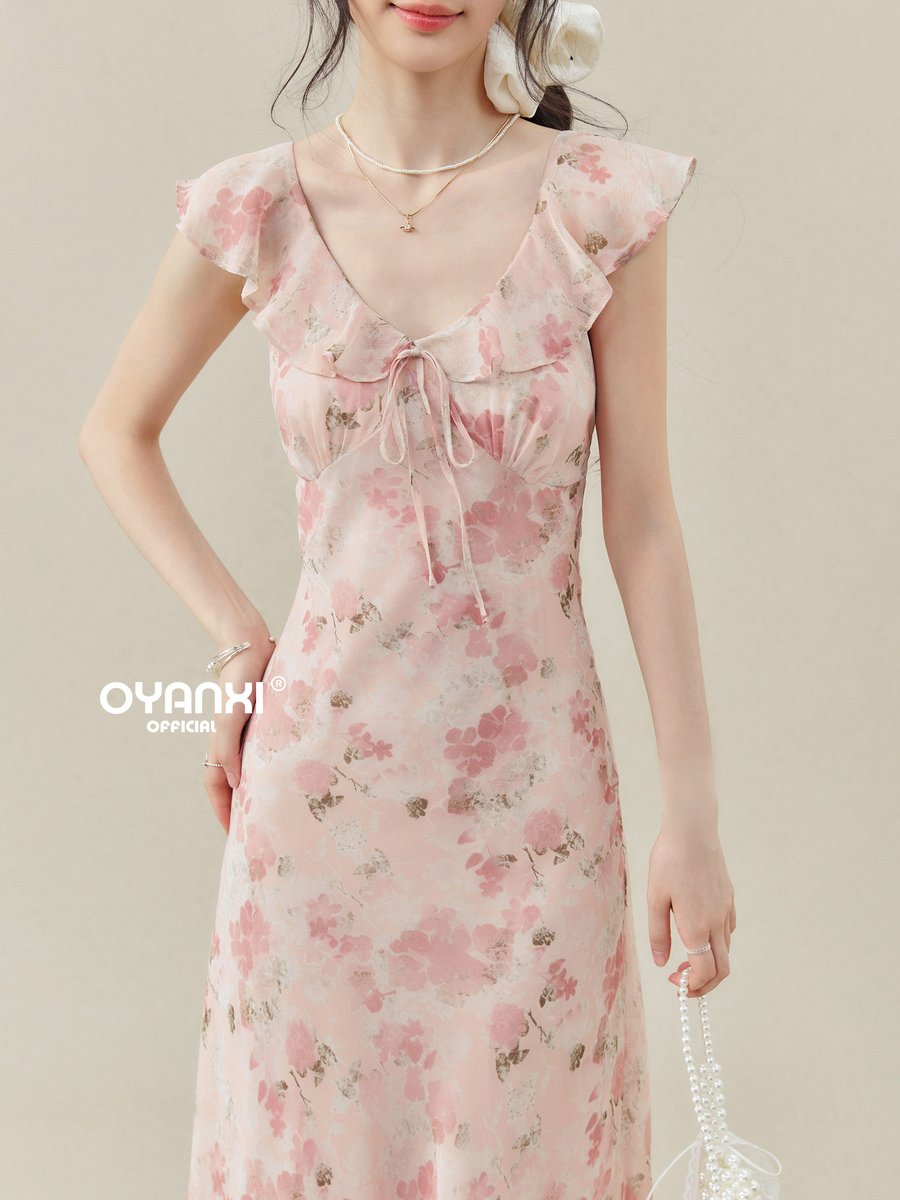 OYANXI 小花柄 フリルスリーブ ウエストシェイプ ロングワンピース