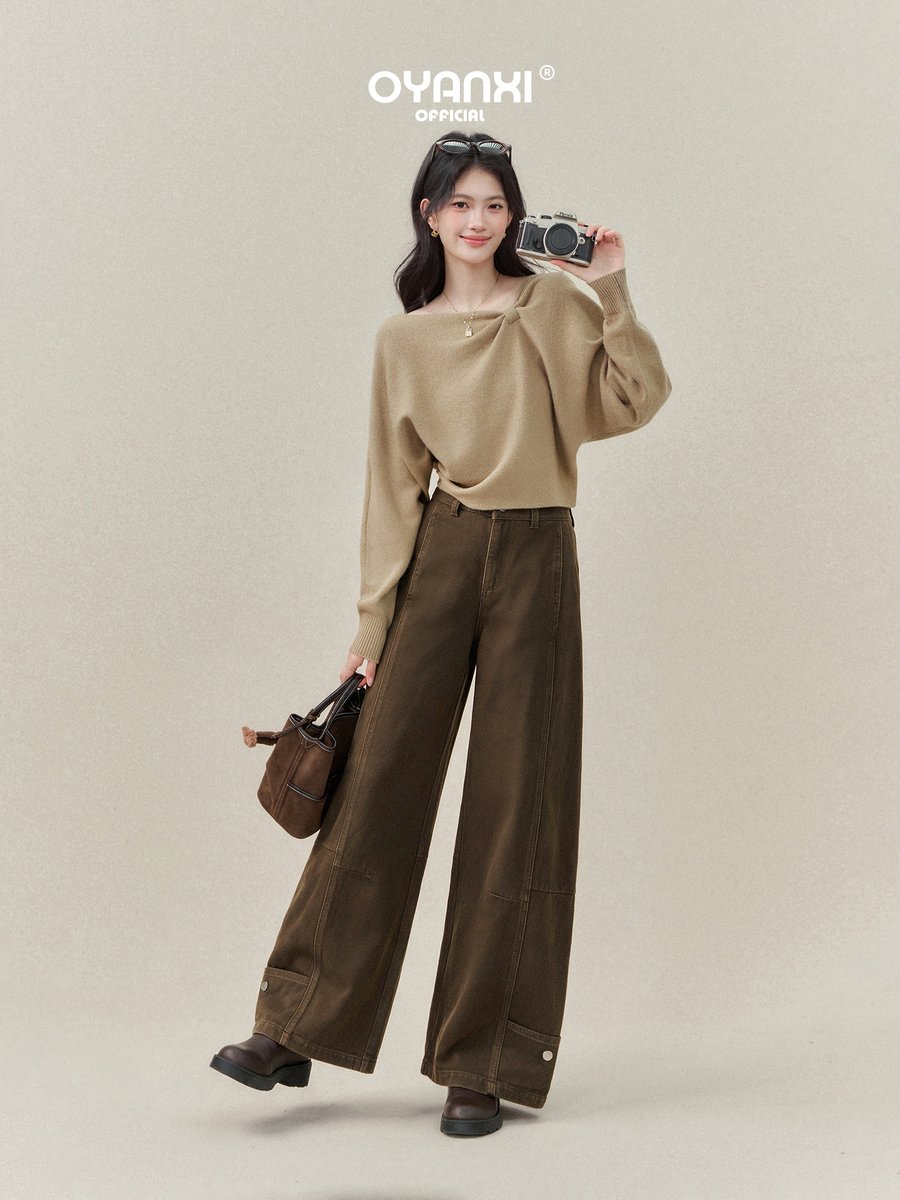 OYANXI レトロ モカブラウン カーブシルエット ワイドデニムパンツ