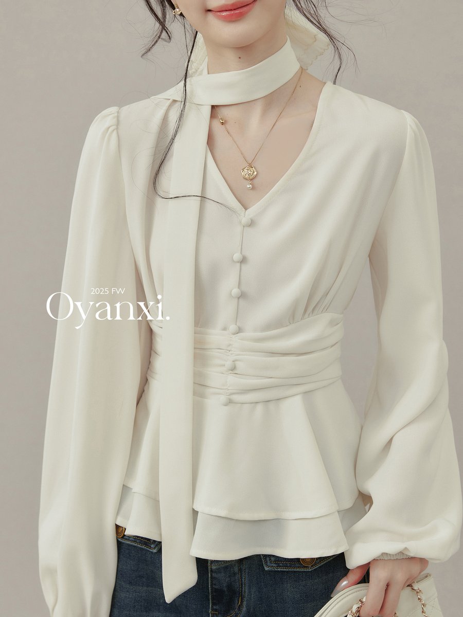 OYANXI リボンタイ フリル パフスリーブブラウス