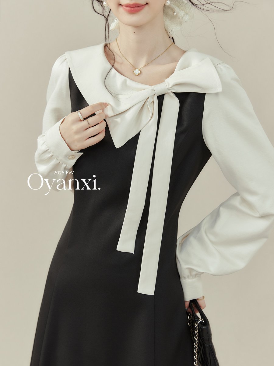 OYANXI リボン 長袖ワンピース ブラック