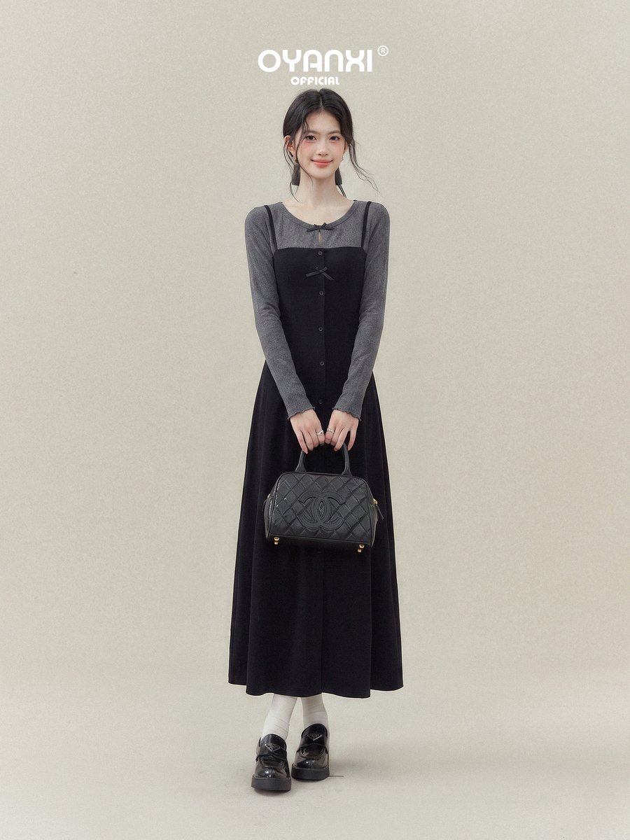 OYANXI フェイクレイヤード スクエアネック ロングワンピース